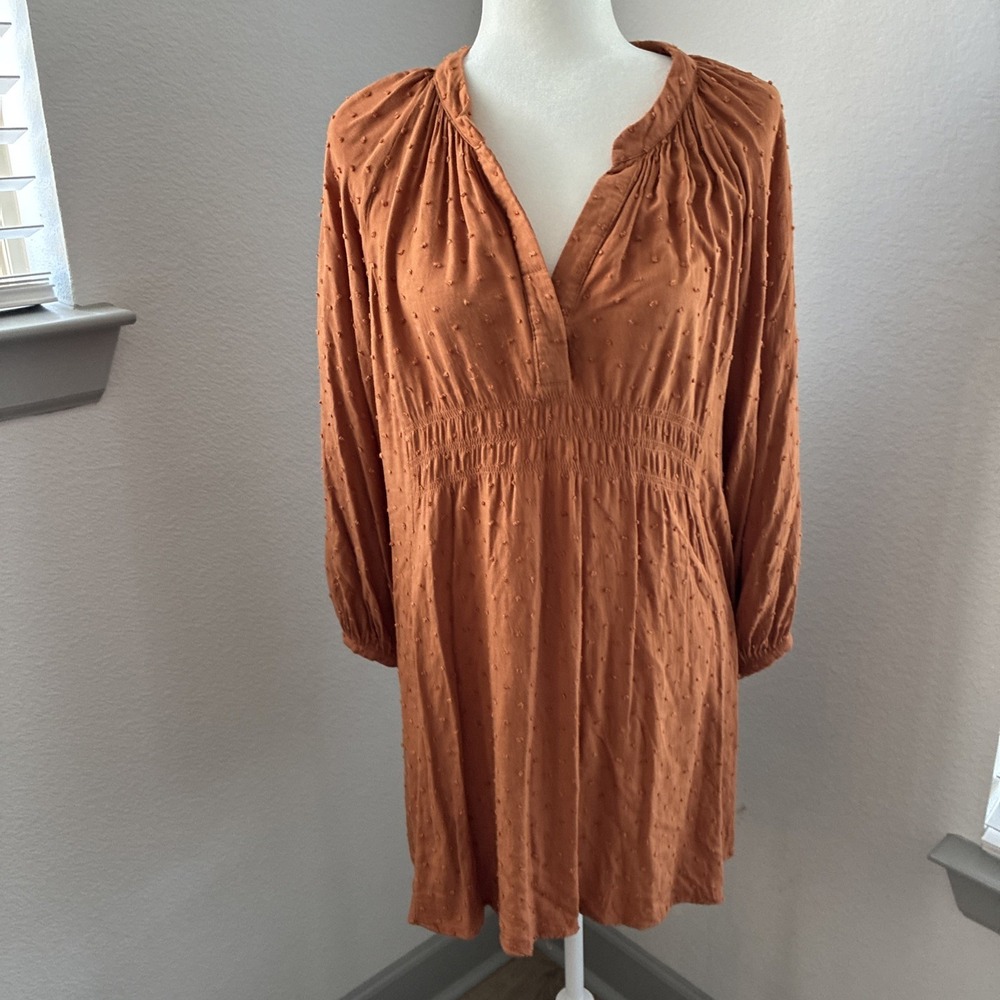UMGEE Swing Dress Raised Swiss Dot sz Large Burnt Orange Smocked Balloon Sleeve